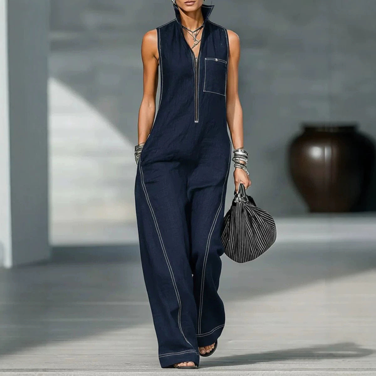 Women's Stand Collar Sleeveless Casual Loose Cotton Women's Jumpsuit/clothing