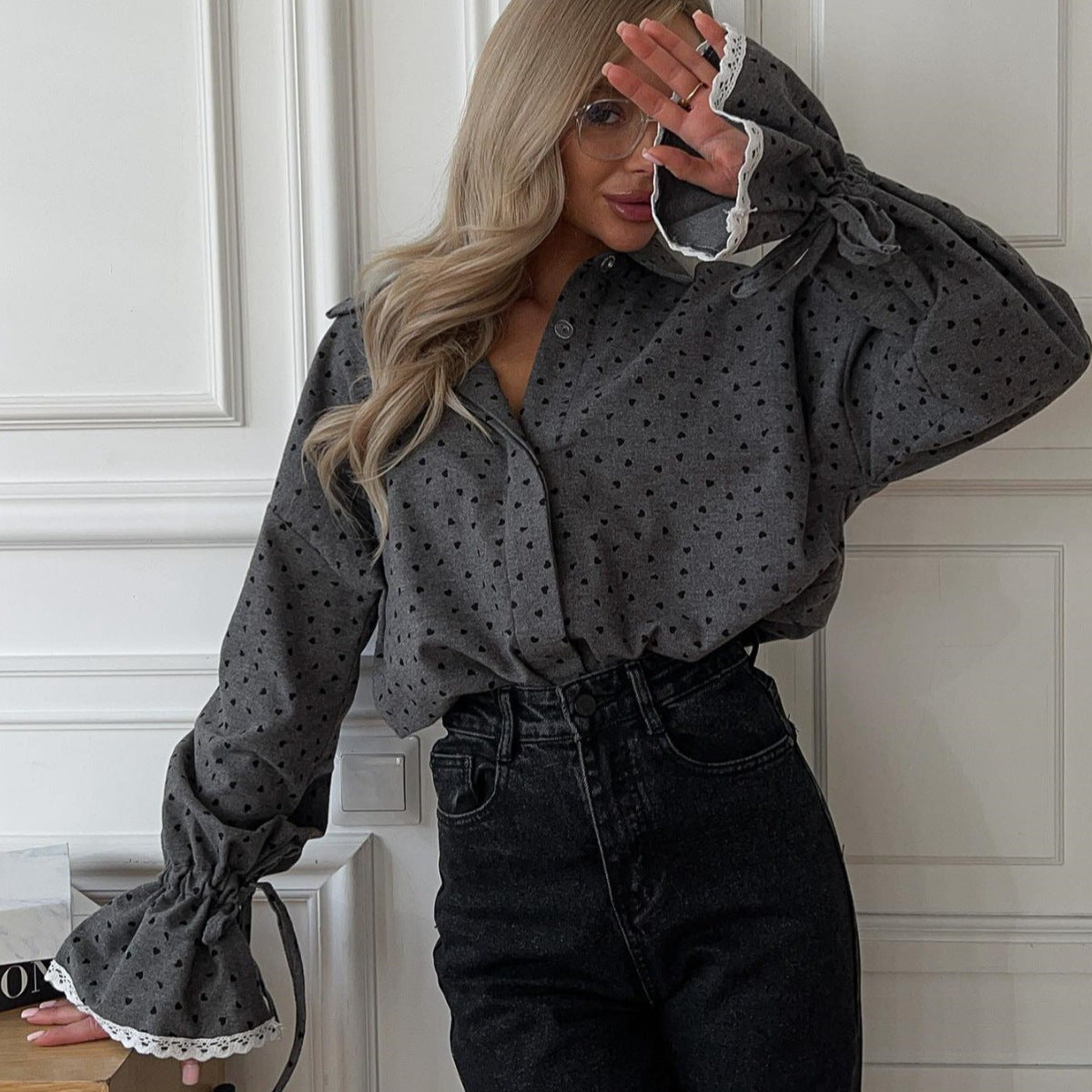Women's Loose Polka Dot Cuff Lace Shirt Sweet Blouses