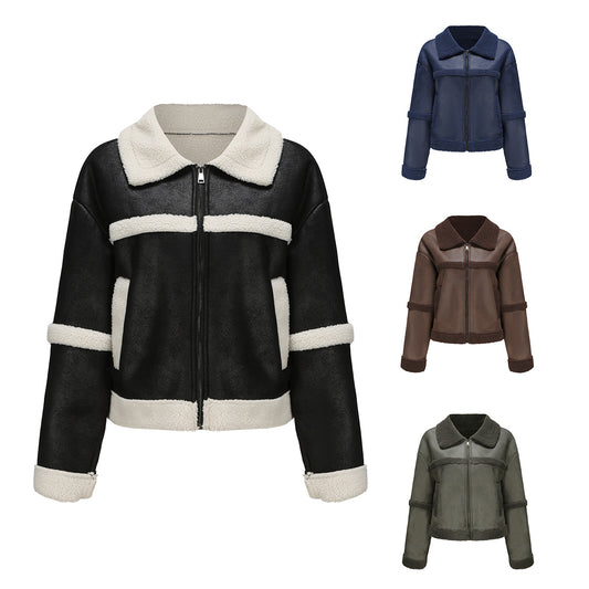 Women's Suede Fashionable Warm Fleece Leather Leisure Jackets