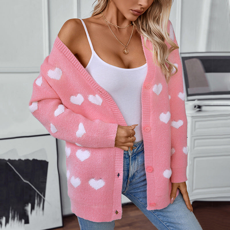 Women's Embroidery Heart Knitted Mid-length Button Sweet Sweaters