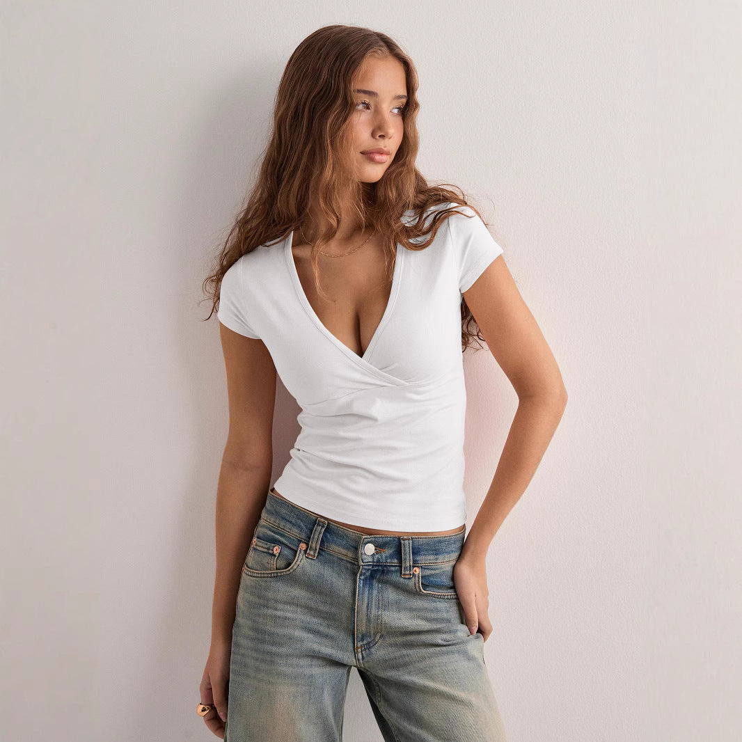Women's Solid Color Slim Fit Collar Sleeve Women's T-shirt