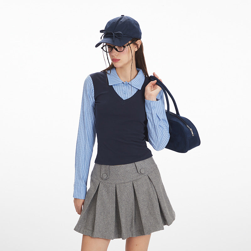 Women's Fake Two-piece Long-sleeved T-shirt American Autumn Slim Blouses