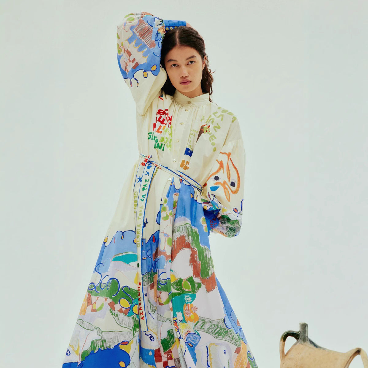 Single-breasted Long Lantern Sleeve Iti Printing Dress