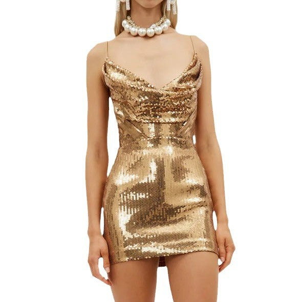 Sexy Hot Golden Strap Backless Little Dress Dresses