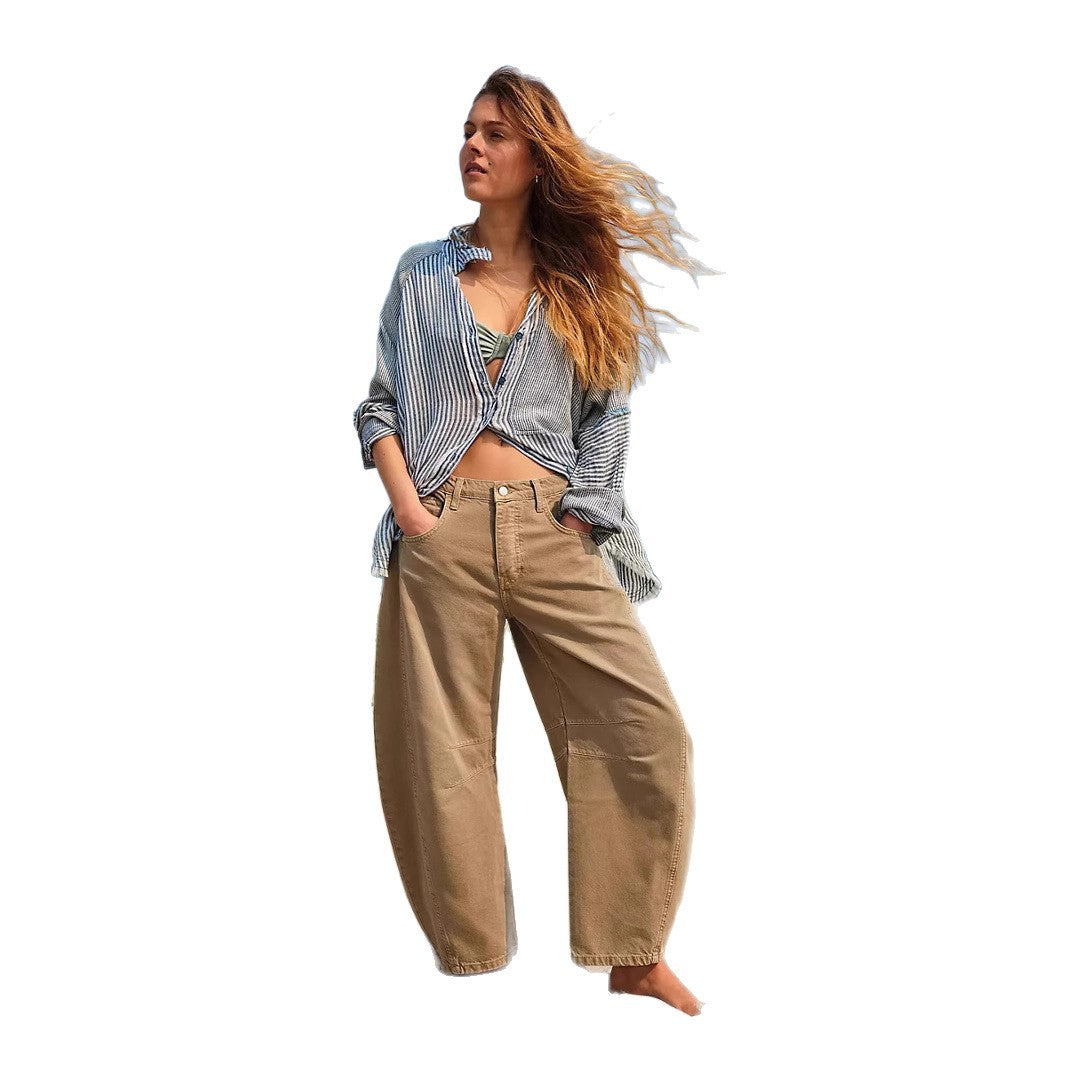 Women's Casual Loose Waist Washed Denim Trousers American Women's Jeans