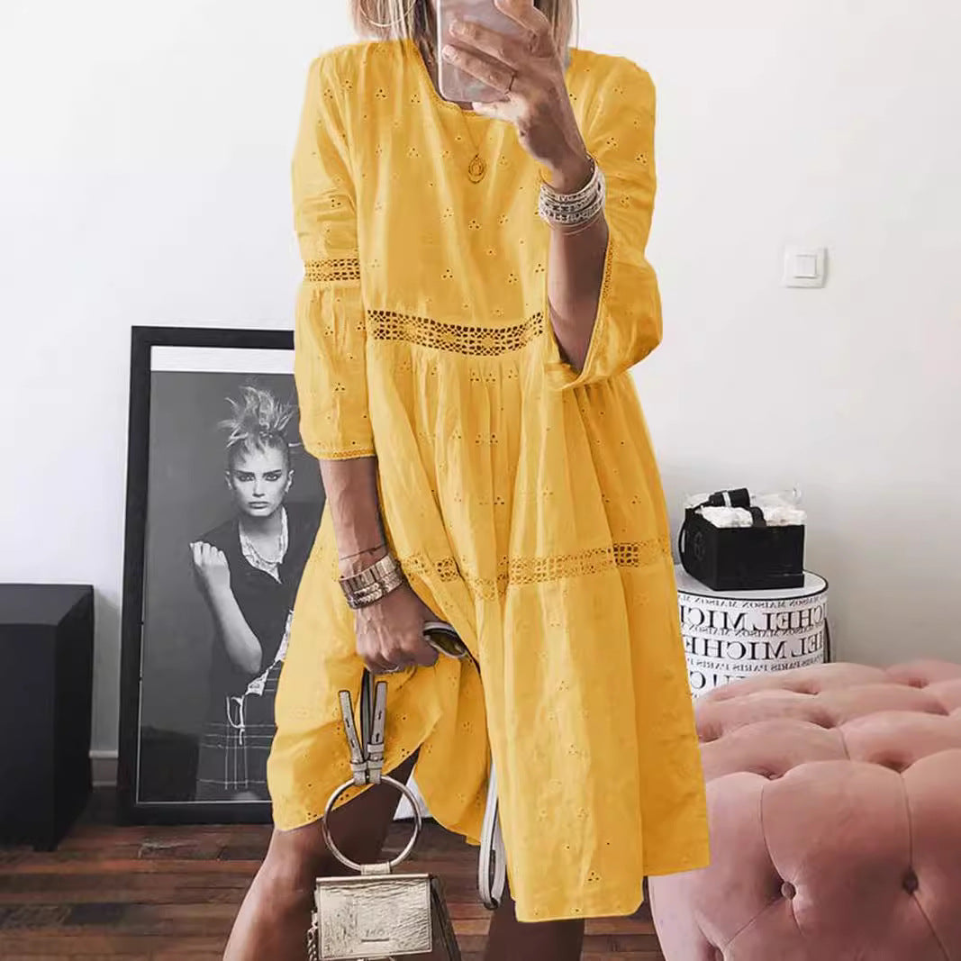 Women's Lace Stitching Hollow Embroidered Sleeve Dress Dresses