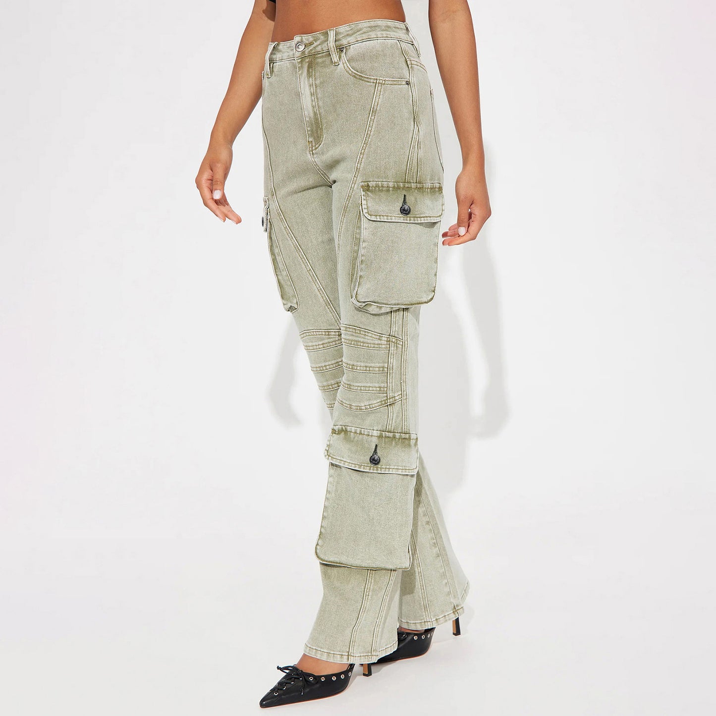 Women's High Waist Denim Cargo Bags Stretch Washed Women's Jeans