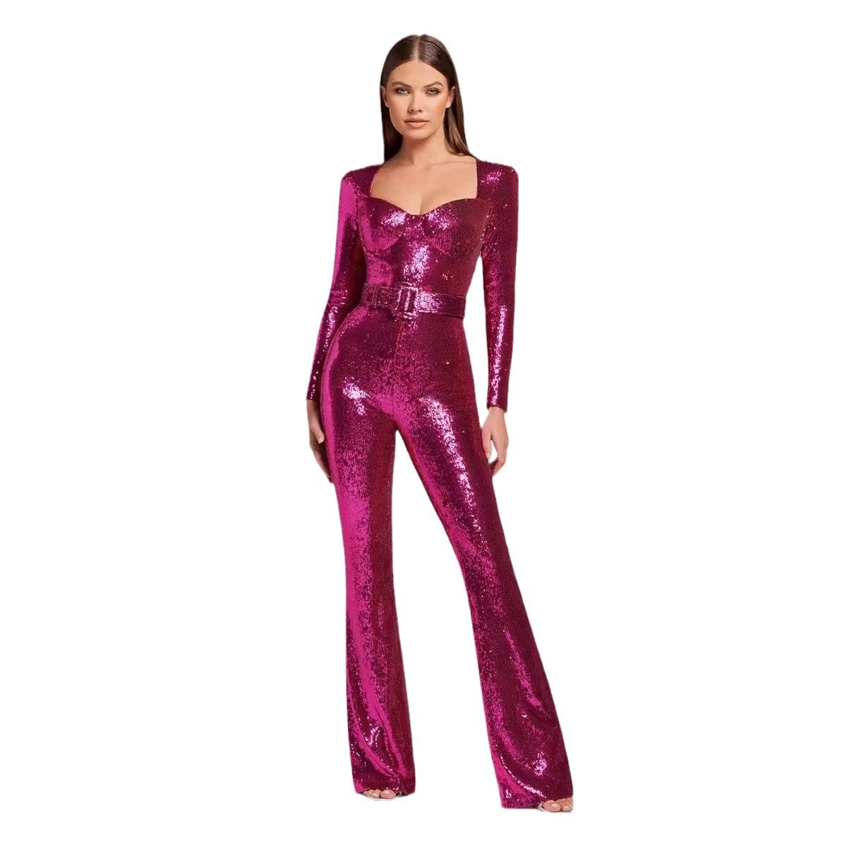 Women's Long-sleeved Belt Mopping Sequined Dress Fashion Jumpsuits