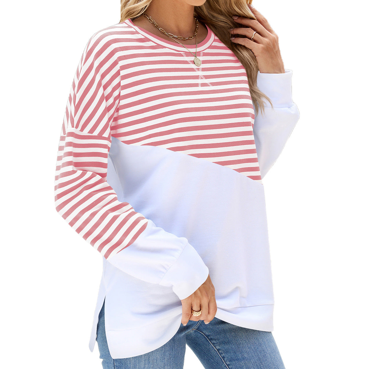 Women's Color Round Neck Contrast Striped Long Coats
