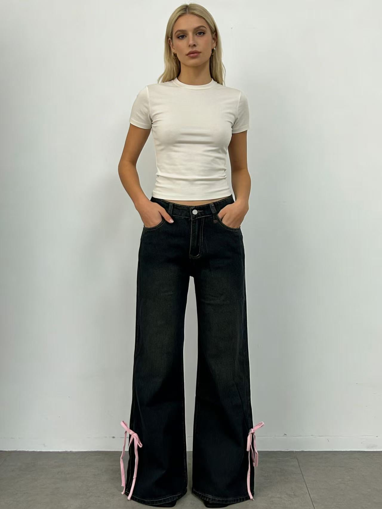 Women's Street Hot Bow Washed Loose Women's Jeans