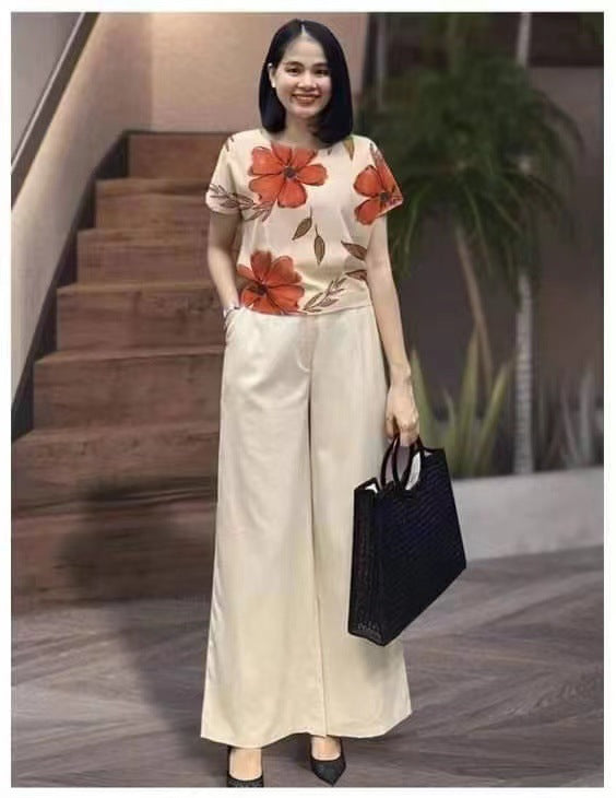 Women's Color Loose Short-sleeved Printed Trousers Two-piece Set Fashion Casual Suit