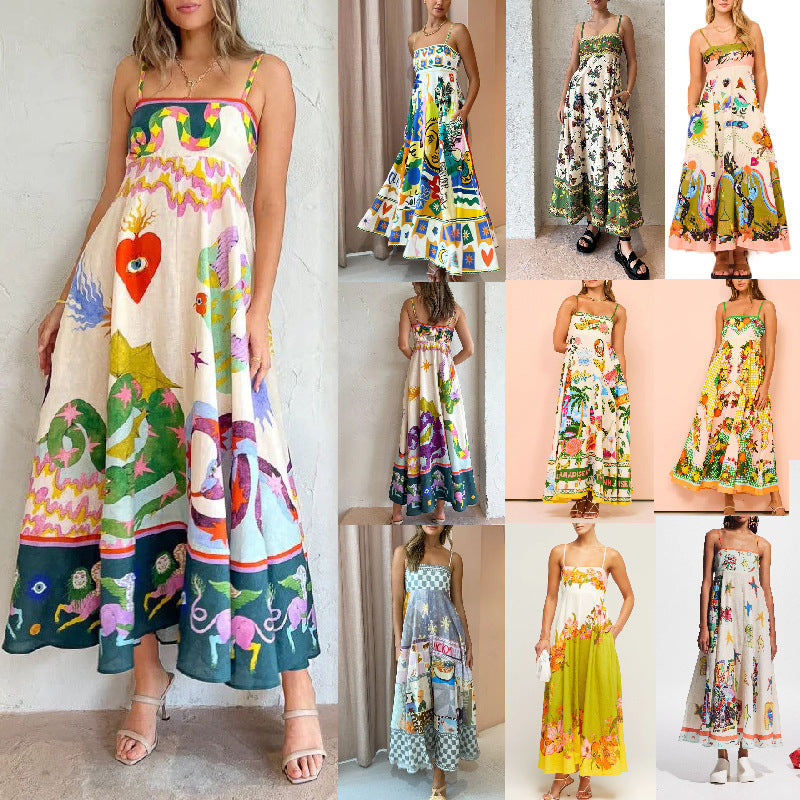 Women's Summer Beach Style Positioning Printing Large Swing Dress