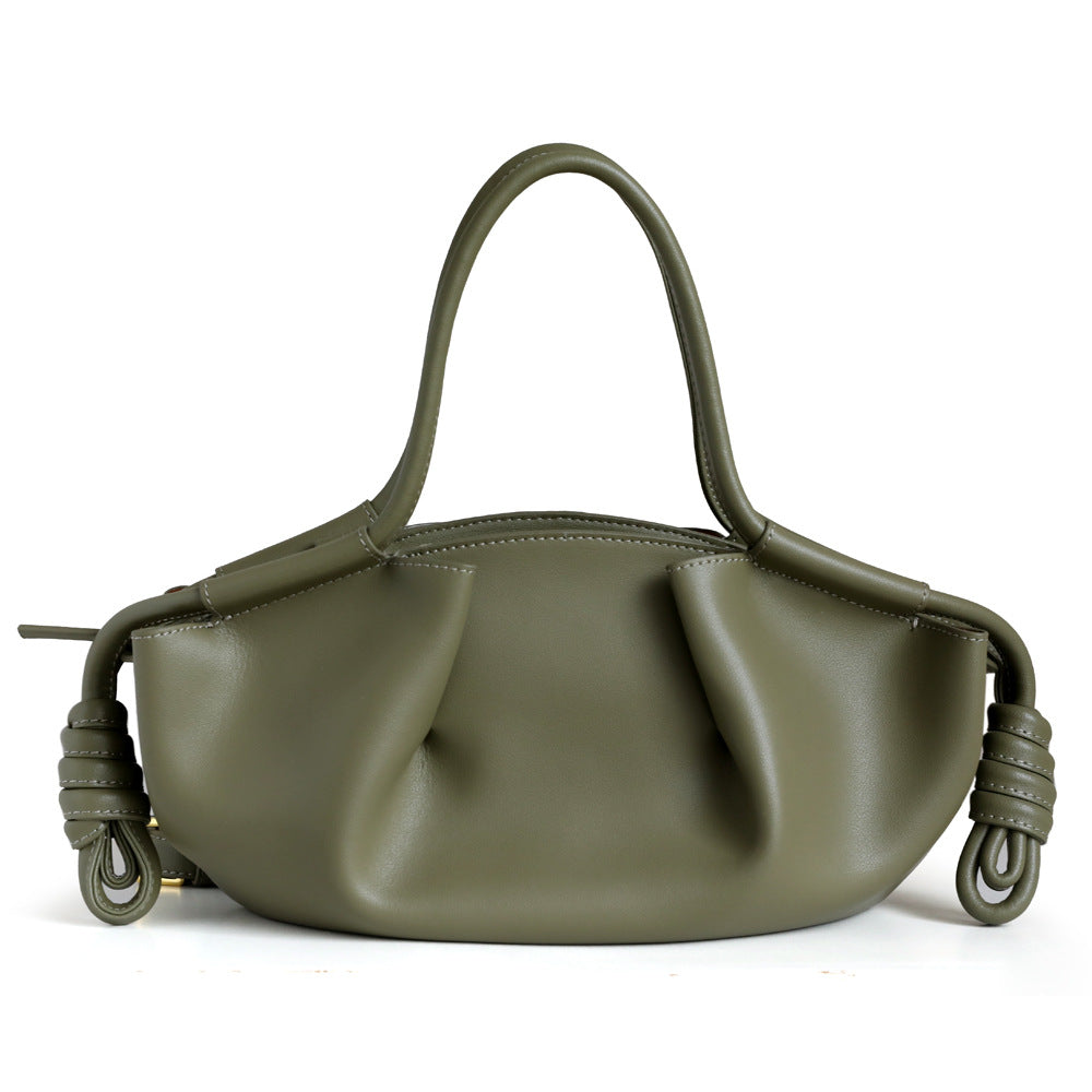 Women's Leather Folds Cloud Dumpling Drawstring Fashionable Handbags