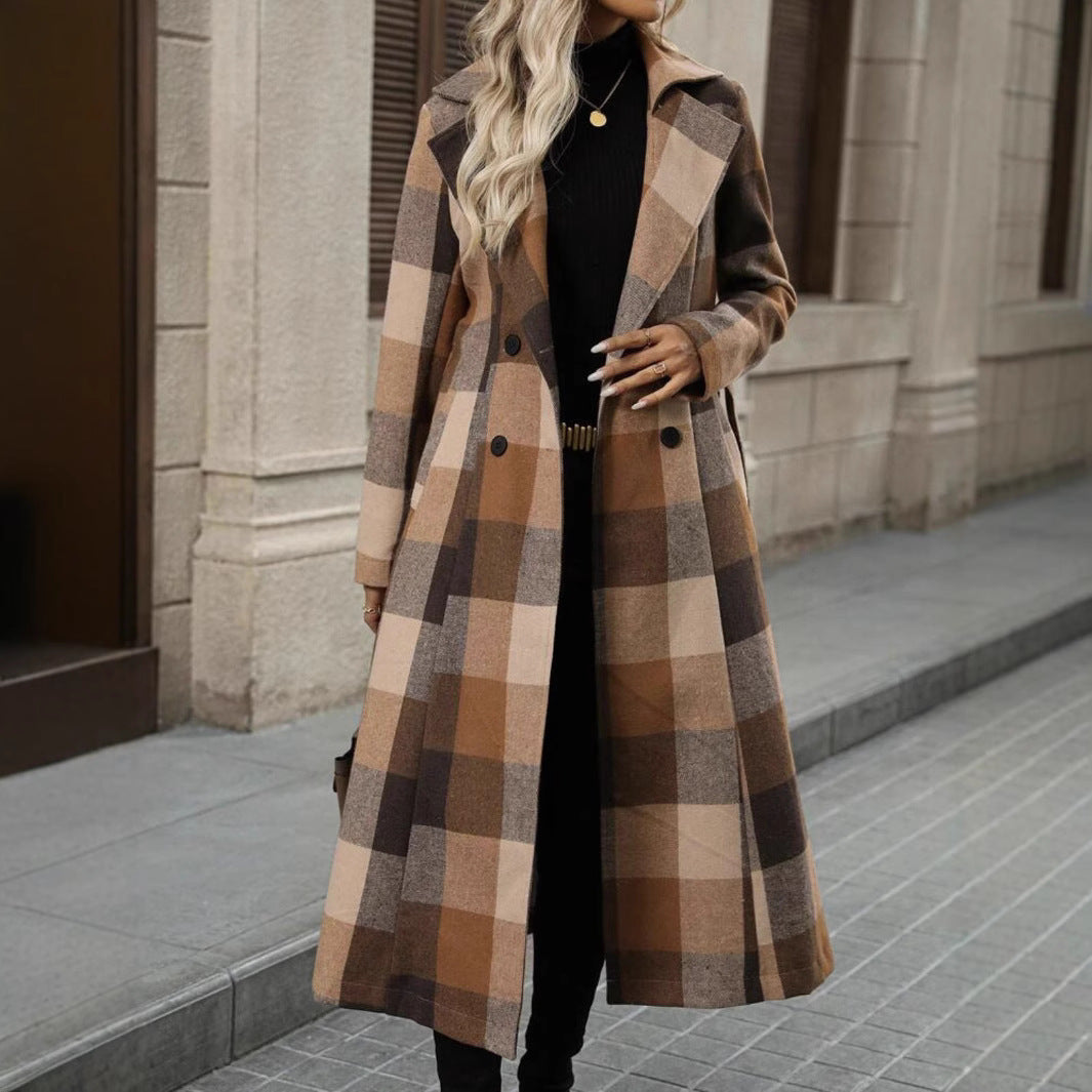 Women's British Style Belt Extended Plaid Trench Coats