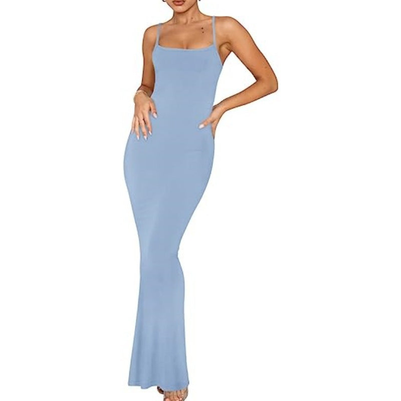 Women's Summer Solid Color Sling Casual Bottoming Rest Sexy Long Dress