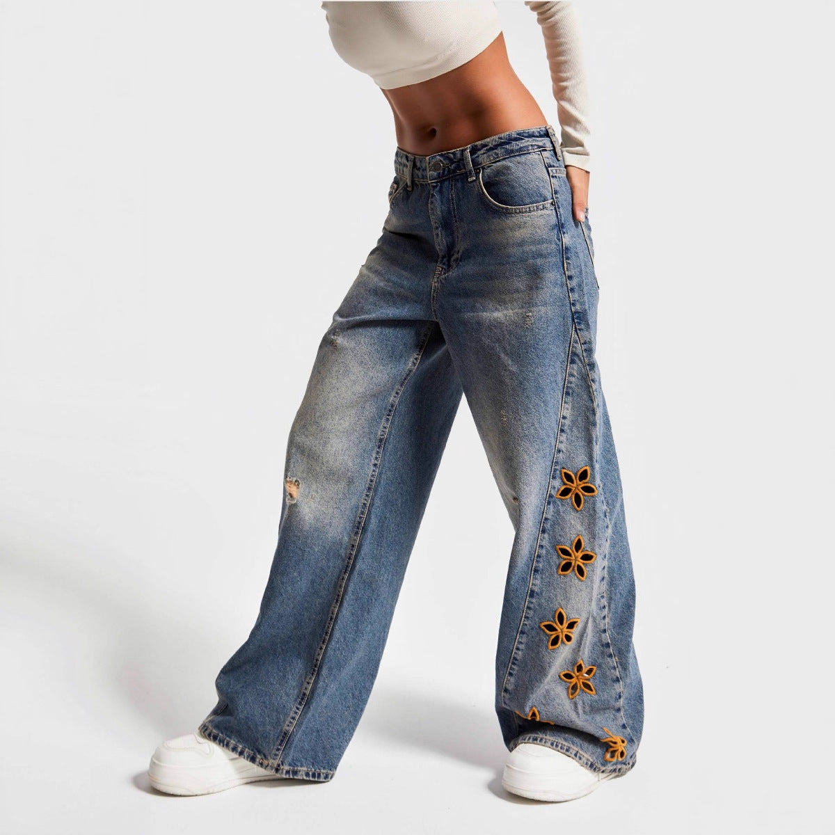 Women's High Waist Loose Embroidered Fashionable Denim Women's Jeans