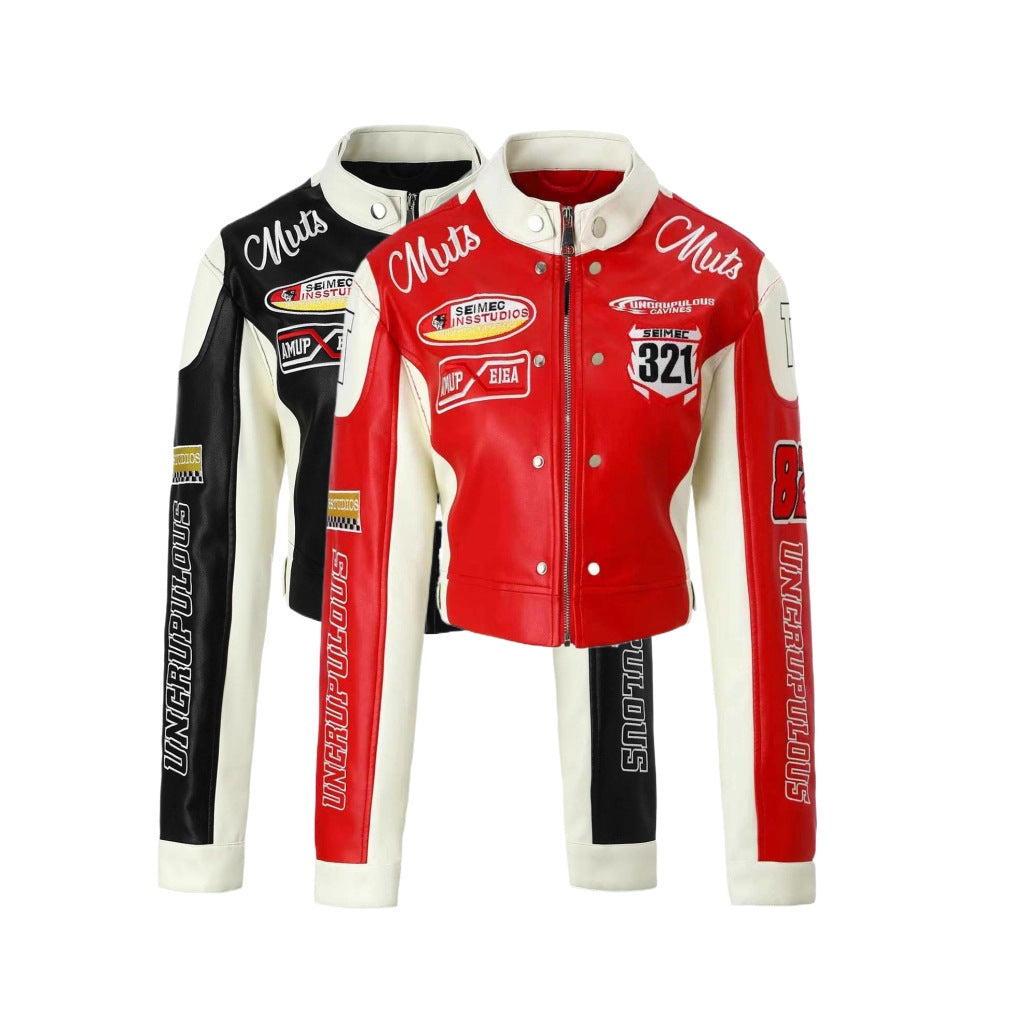 Women's Leather Stand Collar Color Contrast Patchwork Imitation Racing Jackets