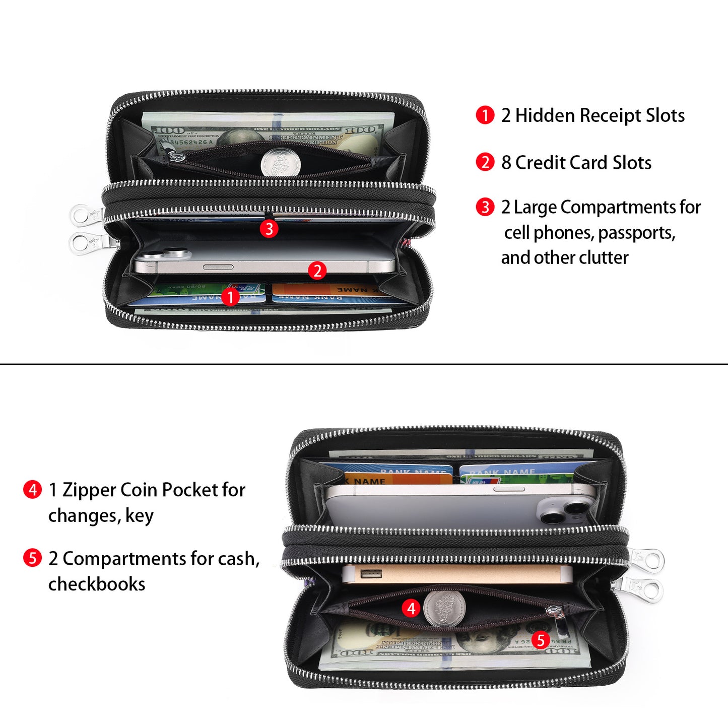 Women's Double Zipper Long Genuine Leather Multiple Ladies Wallets