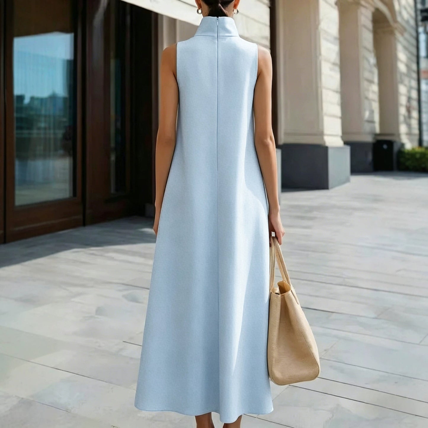 Elegant Commuter Stand Collar One Button Solid Color Sleeveless Dress