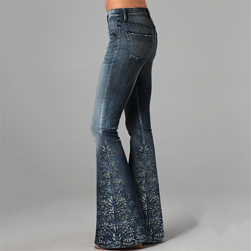 Women's Digital Printing Fashion Slimming Denim Bell-bottom Jumpsuits