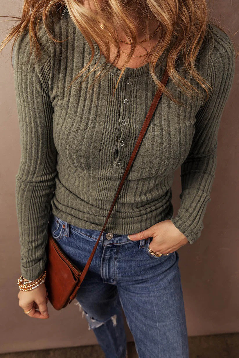 Women's Button Temperament Pure Color Long-sleeved Tops