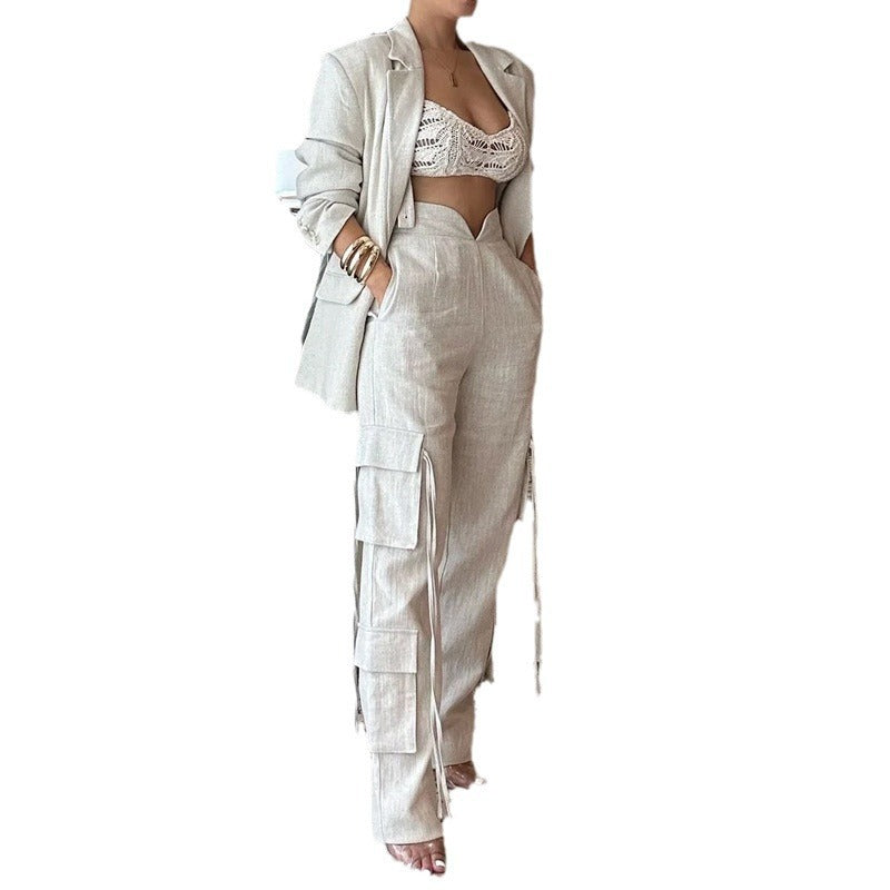 Cross-level Two-piece Apricot Trousers Loose Ribbon Suits