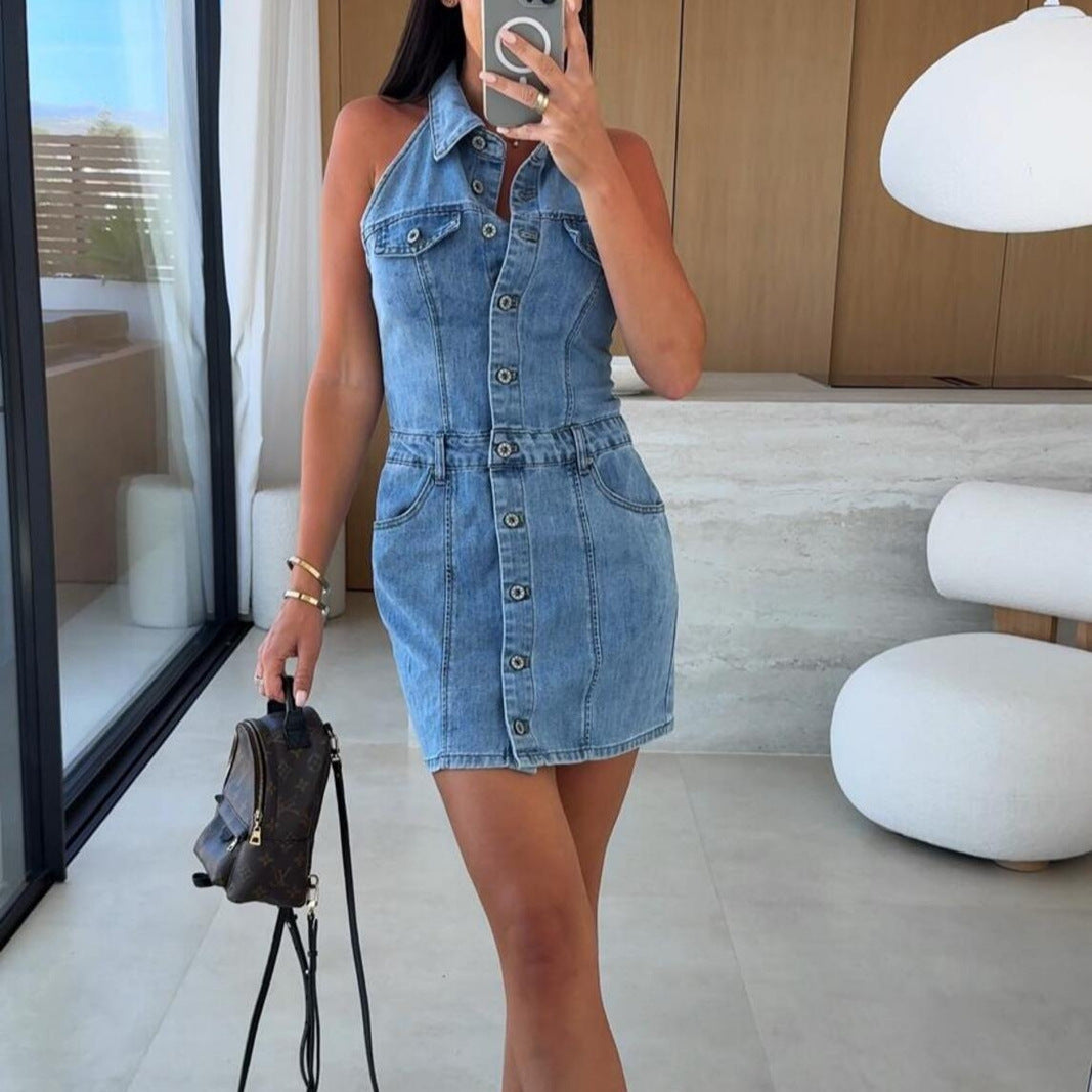 Women's Summer Single-breasted Lapel Sleeveless Waist A- Dresses
