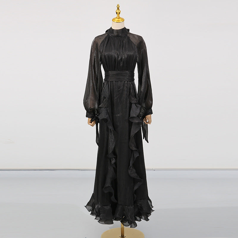 Women's Summer Stand-up Collar Puff Sleeve Pleated Dresses