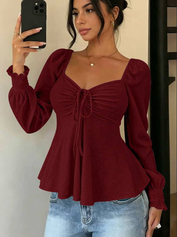 Women's Drawstring Smocking Sexy Sleeve Solid Color Women's T-shirt