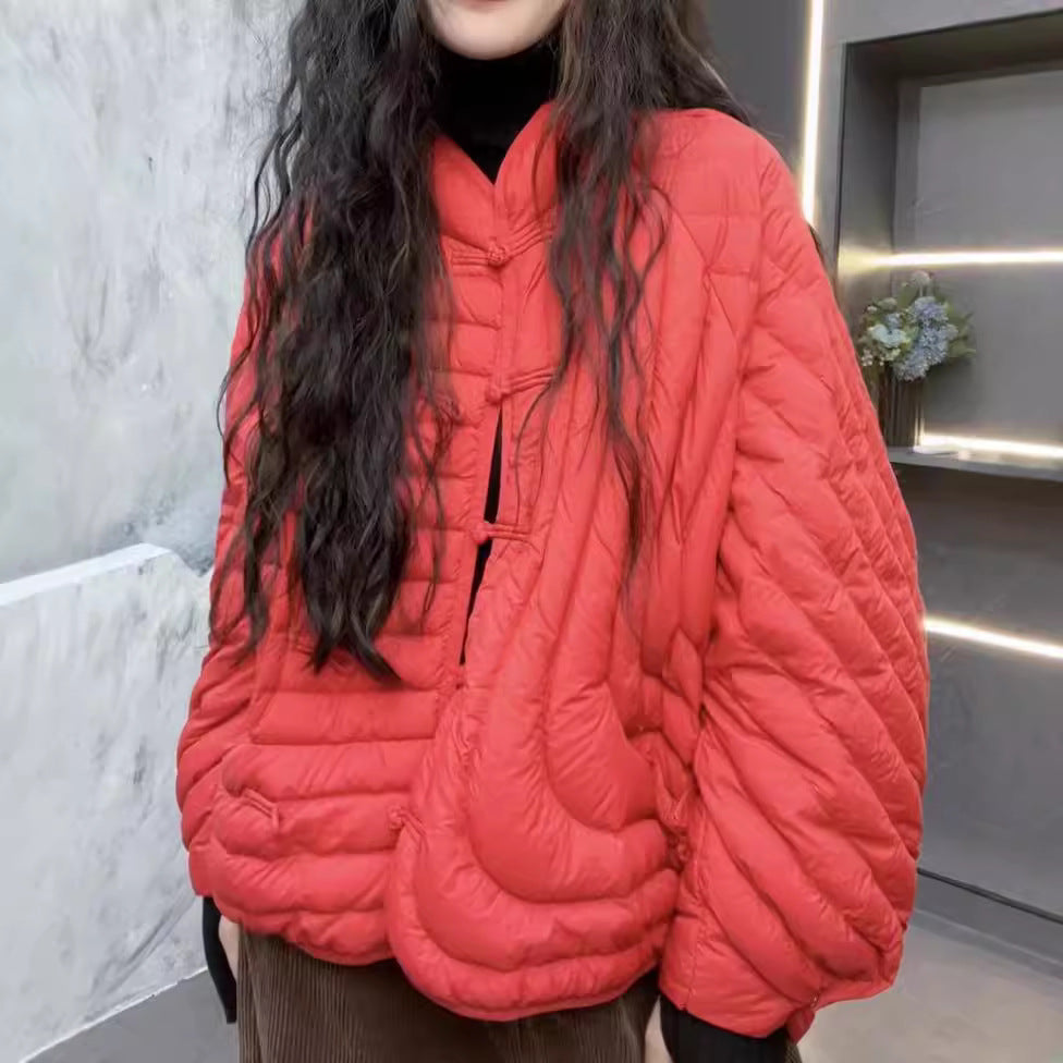 Women's White Duck Down Stand Collar Buckle Jackets
