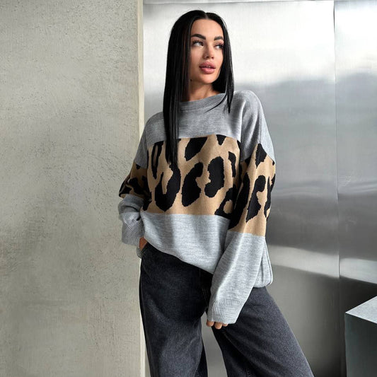Women's Fashionable Leopard Print Loose Casual Long Sleeves Round Sweaters