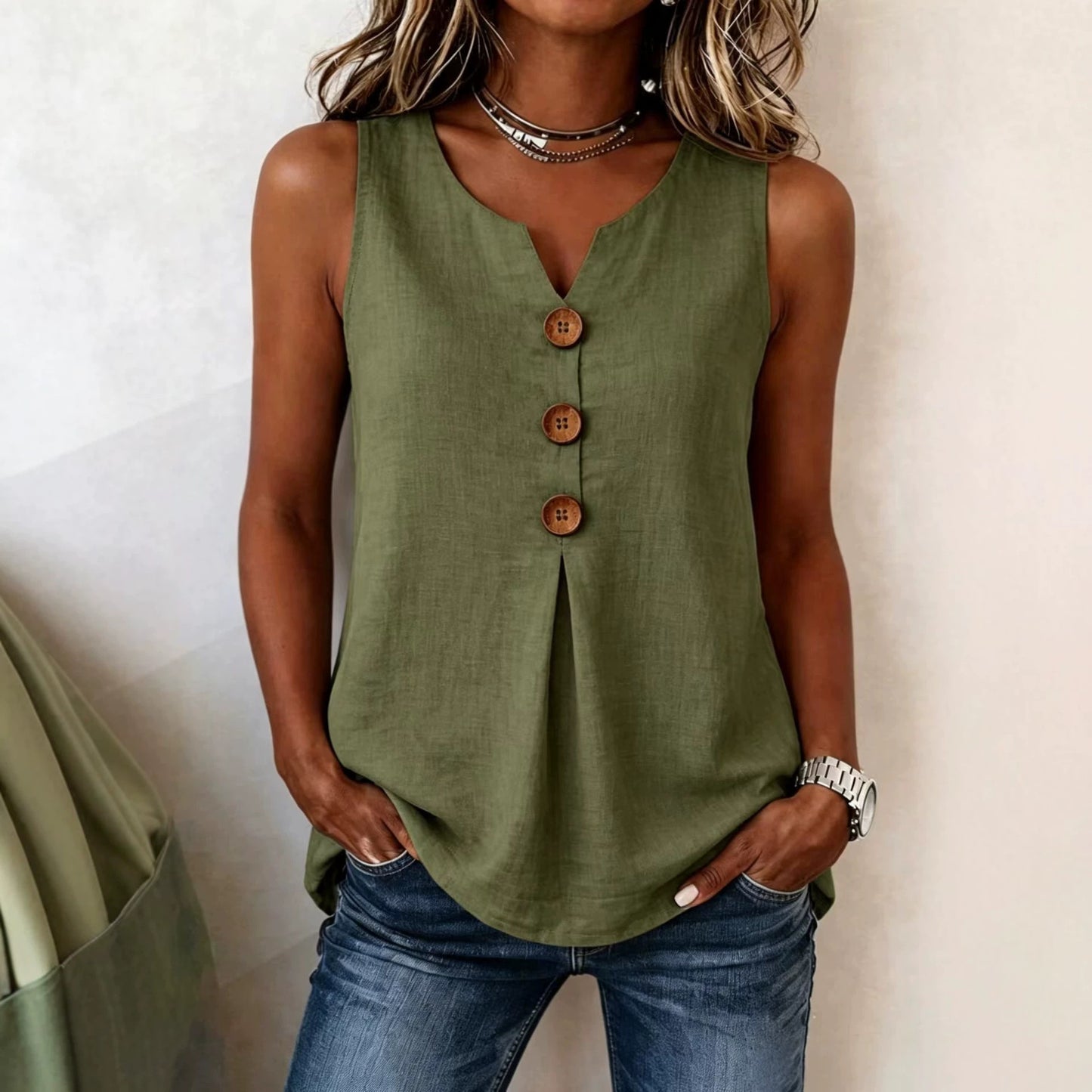 Classic Women's Cotton Linen Button Sleeveless Women's T-shirt