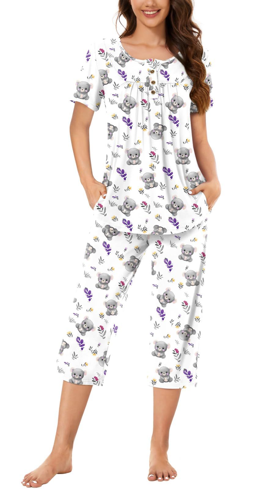 Women's Pajamas T-shirt Button Round Neck Printed Pants