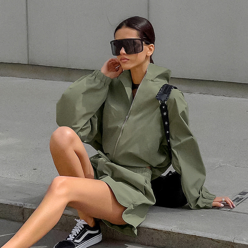 Green Windbreaker Autumn Versatile Loose Stand-up Collar Long-sleeved Suits