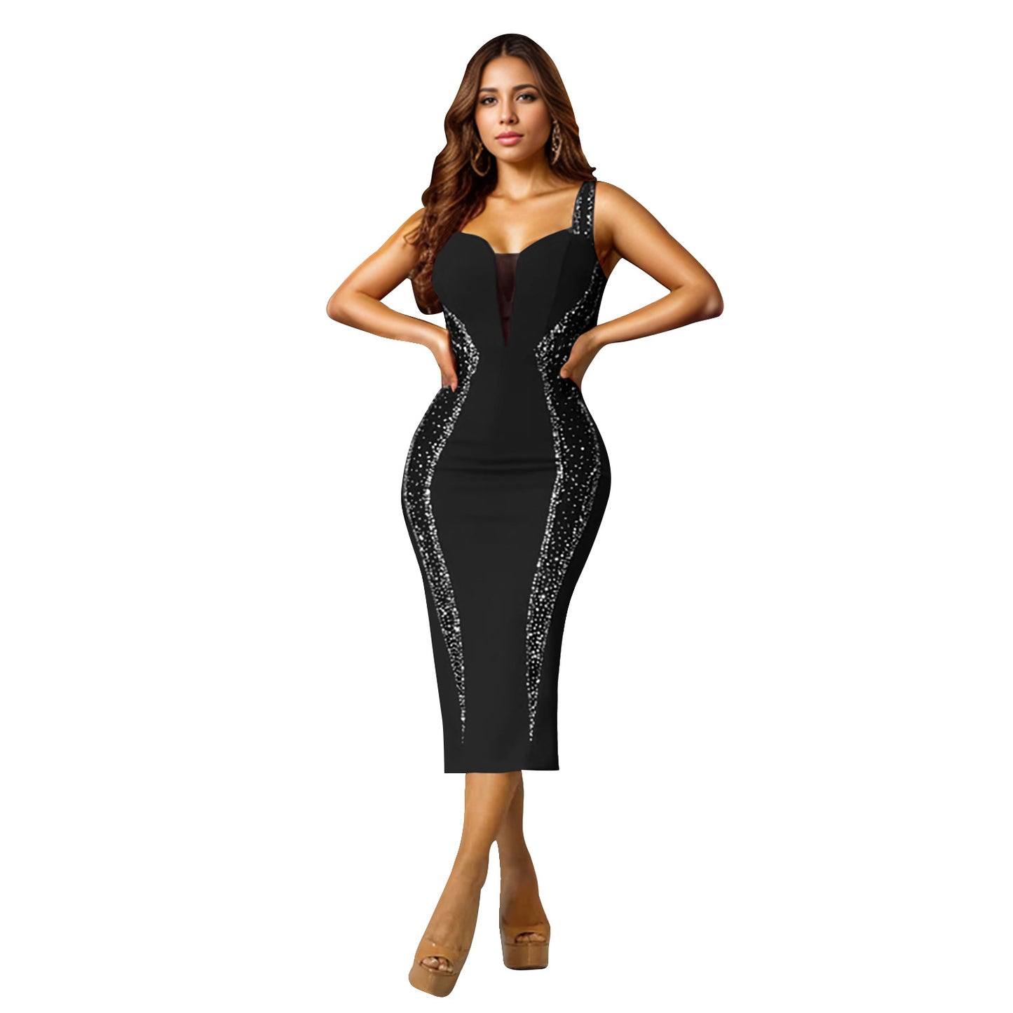 Women's Fashion Wear Sling Hot Drilling Mid-length Dresses