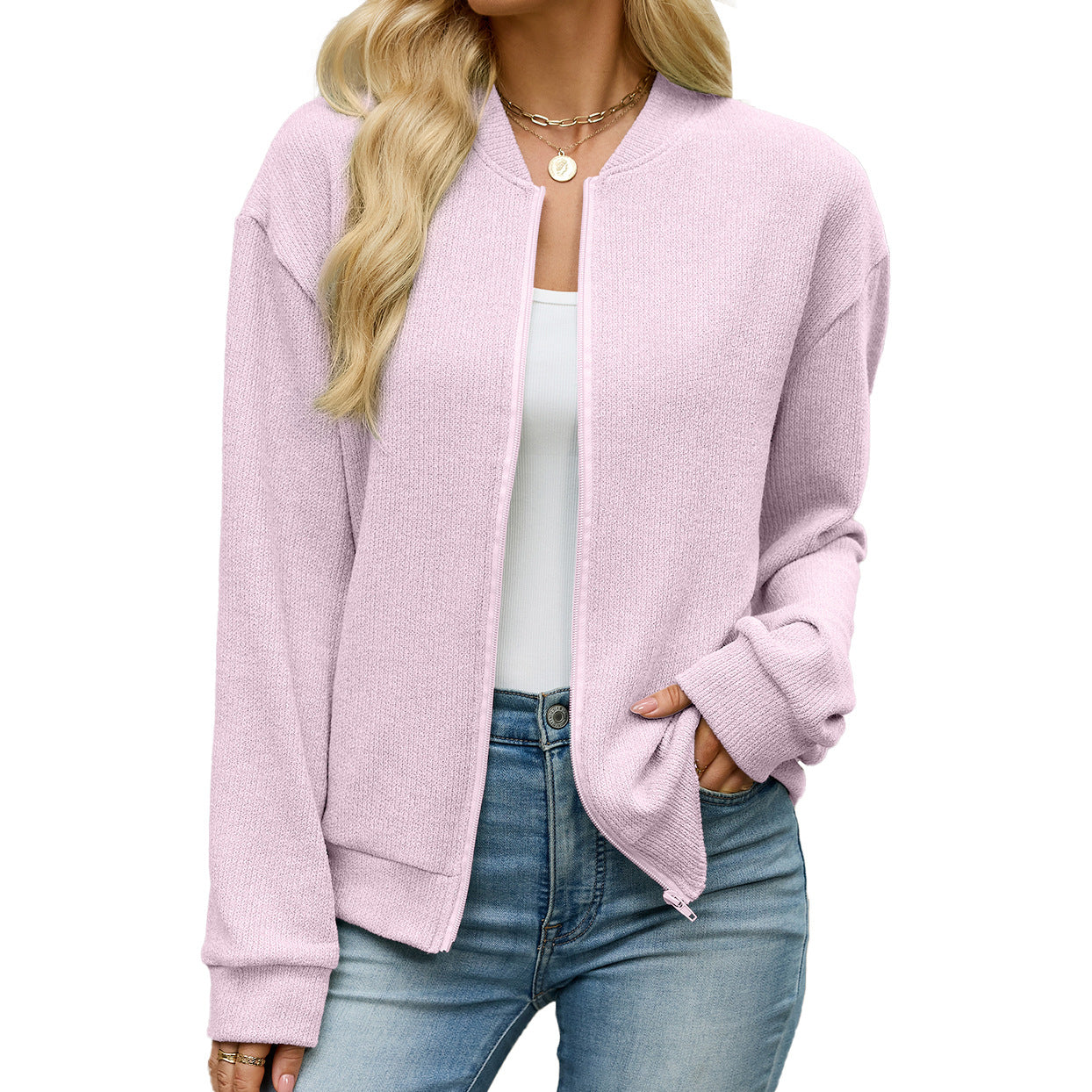 Women's Solid Color Loose Zip Long Sleeve Casual Women's Sweater, Sweater