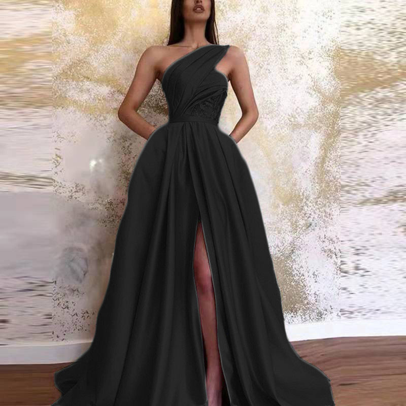Women's Spring Sexy Slit Sloping Shoulder Dress Wedding Dresses