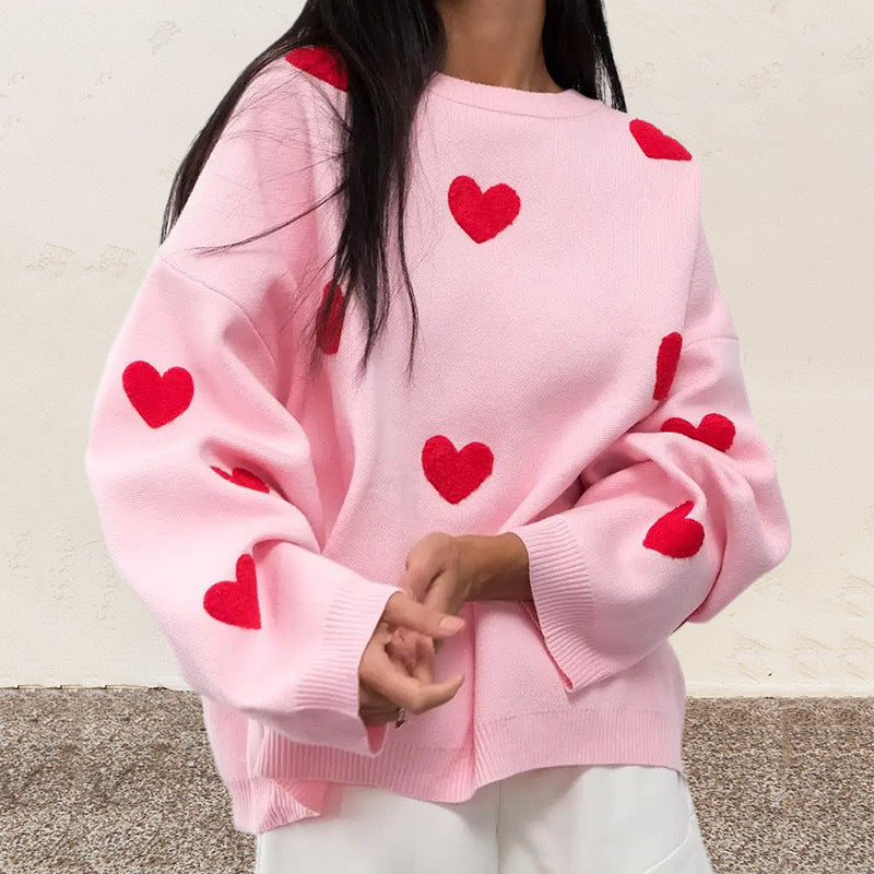 Women's Love Round Neck Long Sleeve Loose Knitted Casual Sweaters
