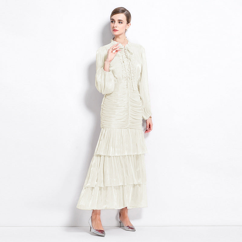 High-grade Streamer Wooden Ear Long-sleeved Dress Female Summer Waist Dresses