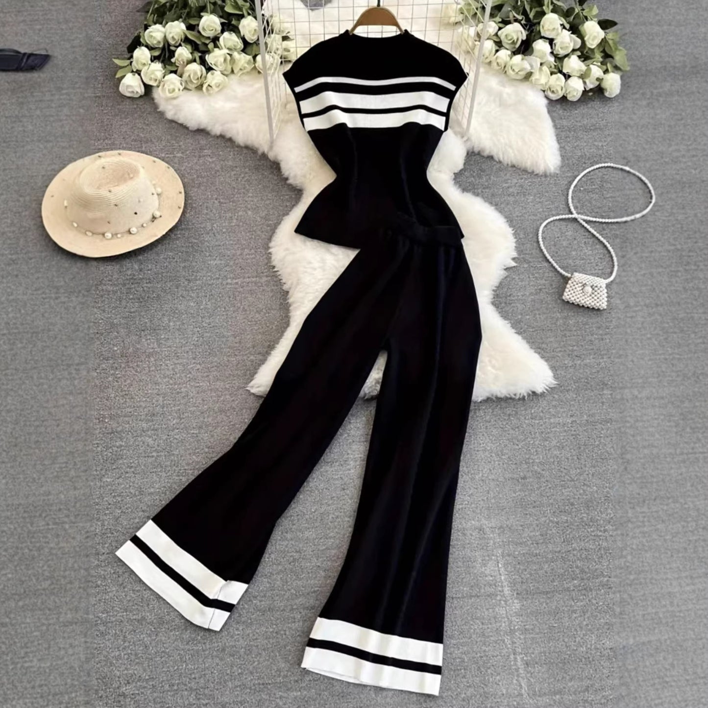 Women's Sleeveless Knitted Two-piece High Waist Straight Suits