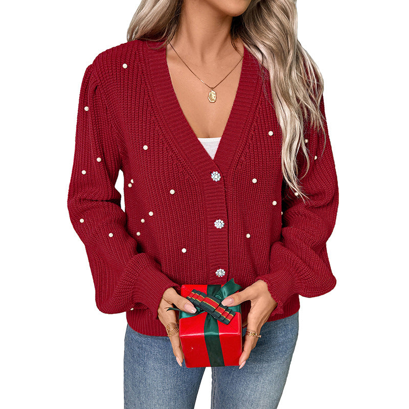 Women's Sweet Style Knitted Pearl Decoration Red Sweaters