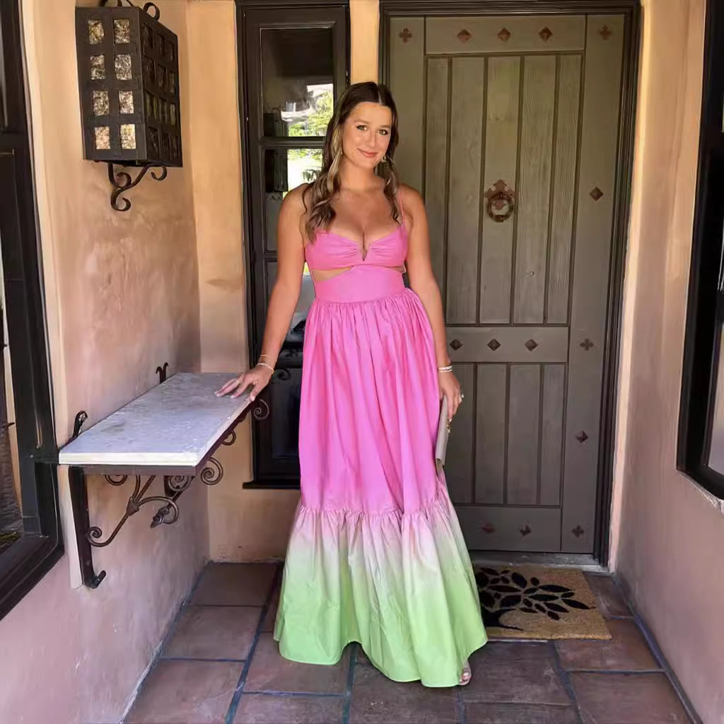 Summer Strap Gradient Color Backless Sleeveless Dress