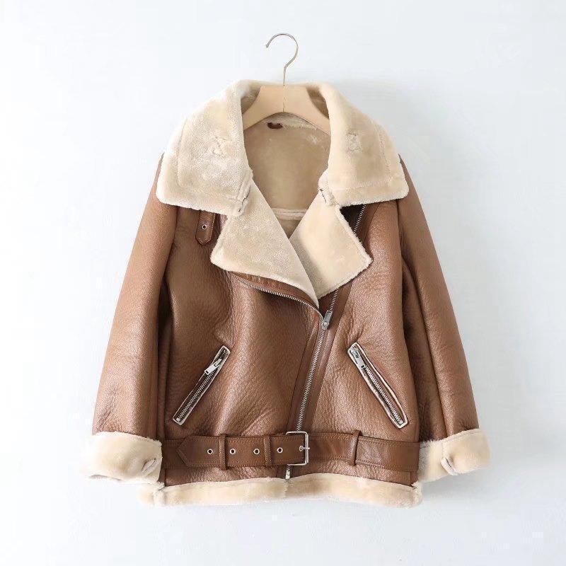 Women's Long Sleeve Oblique Zipper Belt Leather Jackets