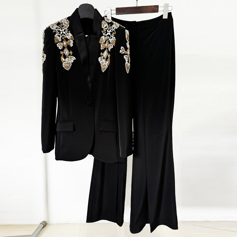 Diamond Beaded Stand Collar Split Trousers Fashion Casual Suit