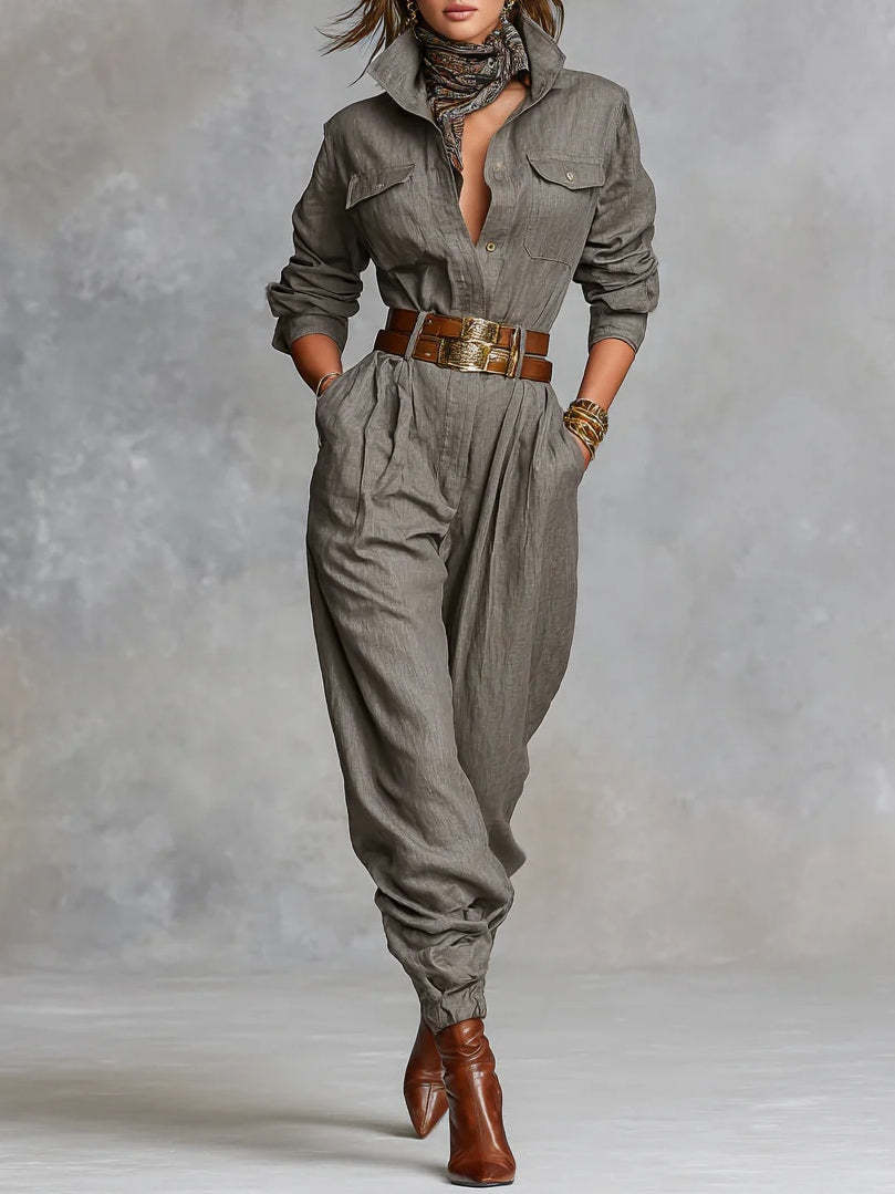 Women's Long-sleeved Lapel Single Row Ankle Banded Jumpsuits