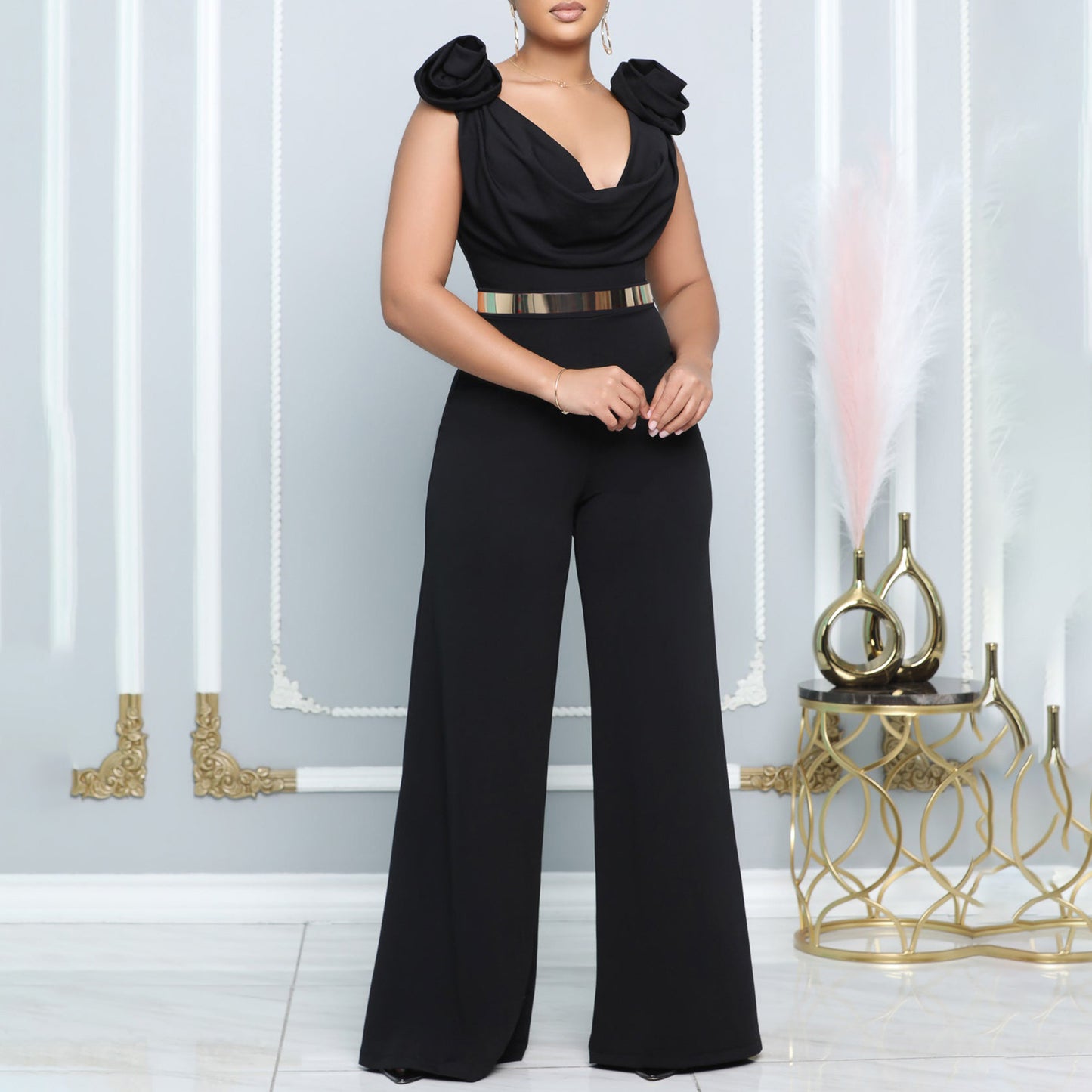 Women's Wide Leg Solid Color Turtleneck Sleeveless Pants