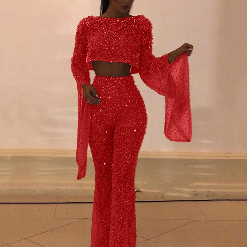 Women's Two-piece Sexy Long-sleeved Backless Trousers Jumpsuits