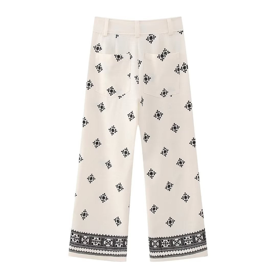 Women's Fashion Wear Geometric Embroidery Straight Trousers Pants