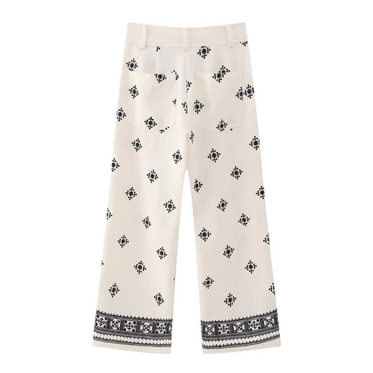 Women's Fashion Wear Geometric Embroidery Straight Trousers Pants