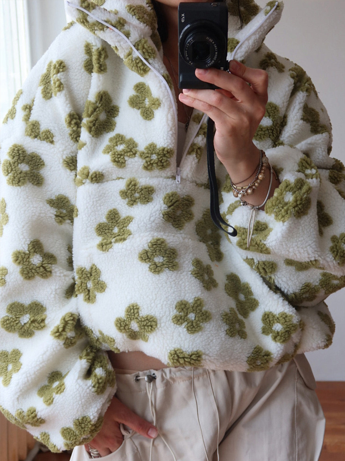 Floral Loose Fleece Shirt Fashion Zipper Pocket Sweaters